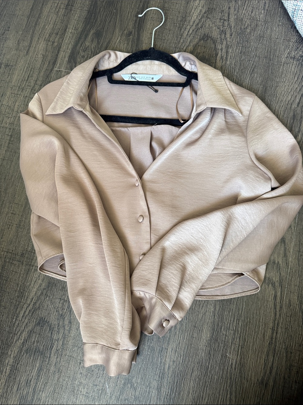Zara Blush Taupe Satin Button-Down Collared Shirt